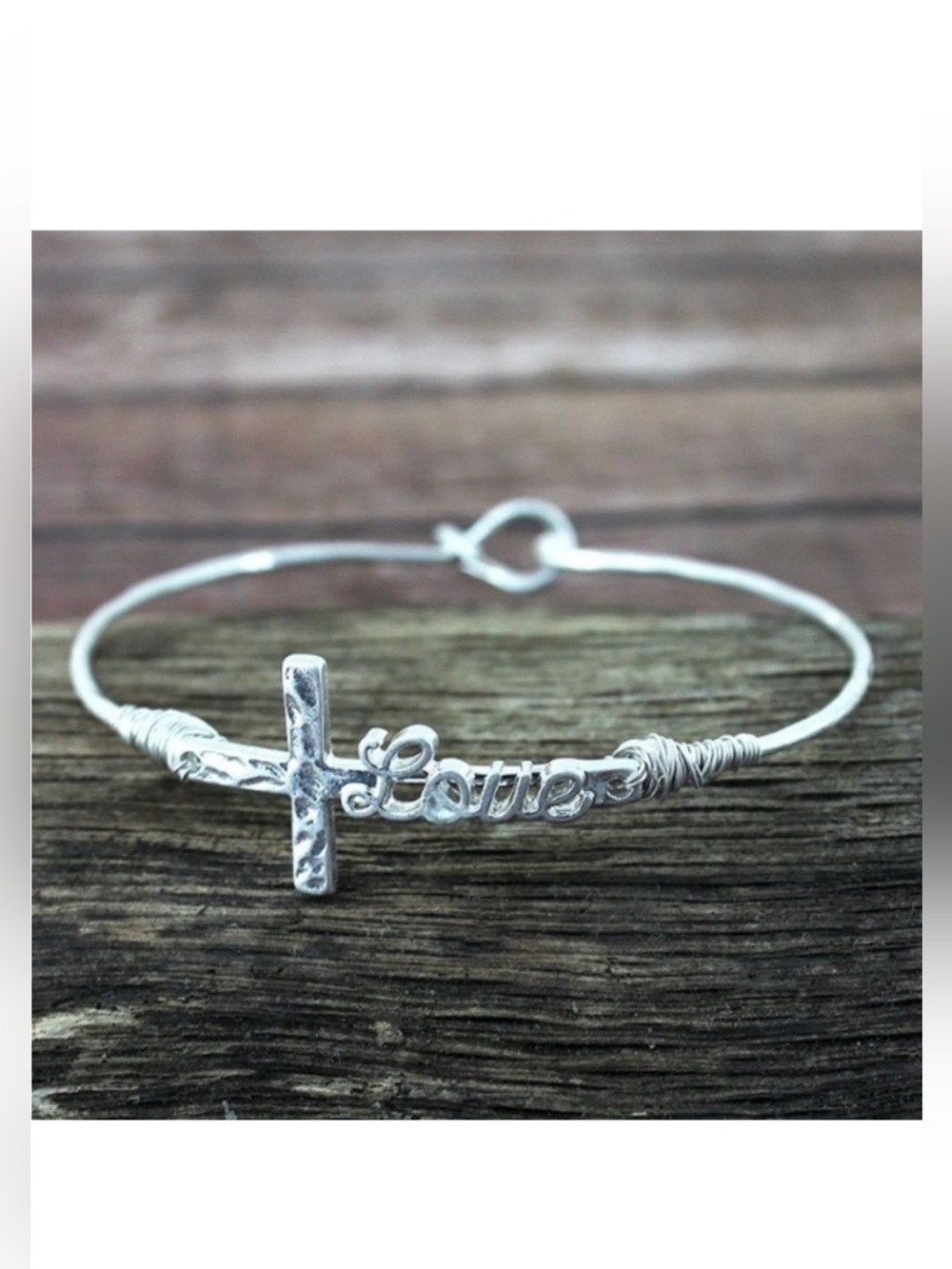 CLOSET CLEAN OUT! Silvertone Love Script Cross Bangle Bracelet NWT